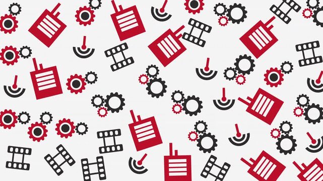 Pattern of walkie-talkies and radios scattered on white background, seamless communication technology illustration, top-down view