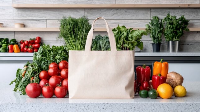 A canvas tote bag overflowing with a variety of fresh vegetables and fruits sits on a countertop in a modern kitchen. - Powered by Adobe