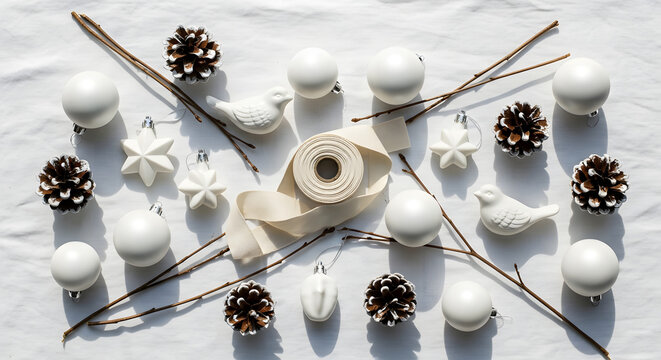A charming flat lay of white Christmas ornaments, natural pinecones, and rustic twigs arranged on a fabric background for holiday crafting