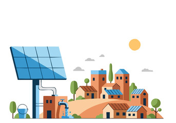 vibrant illustration depicts an eco-village powered by solar energy showcasing sustainable living and a bright modern community Clean lines and a sunny aesthetic create a positive and hopeful scene