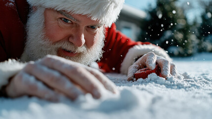Santa Claus is dynamically engaged in a snowy environment, showcasing the lively and adventurous spirit of Christmas, reflecting joy and celebration in the festive season.