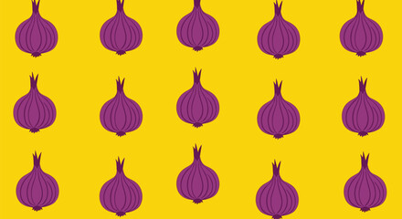 Seamless pattern of purple onions on a bright yellow background, perfect for food and culinary themes.