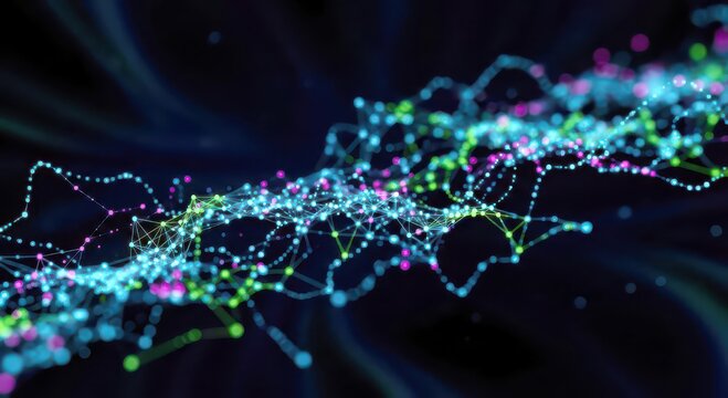 Abstract digital art of interconnected glowing dots and lines against a dark background.