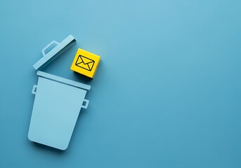 A small trash can with an open lid, containing a yellow cube with an email icon, on a blue background