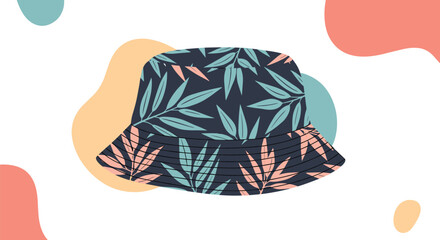 Flat illustration of a bucket hat with a leaf pattern on a white background with abstract shapes.