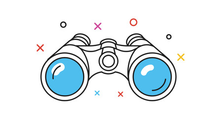 Flat design illustration of binoculars surrounded by colorful abstract shapes on a white background.