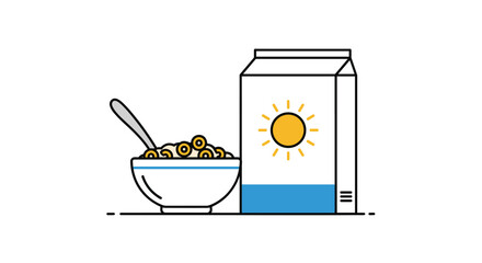 Bowl of cereal with a spoon and a carton of milk with a sun icon.