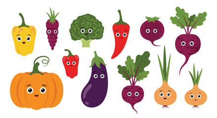 A collection of cute cartoon vegetables with happy faces on a white background.