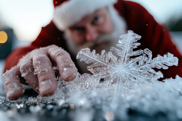 An energetic Santa reaching for a snowflake with excitement, encapsulating the vibrancy of the winter season and the magical moments shared during the festivities.