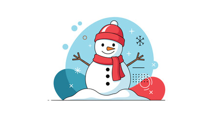 Flat design illustration of a cheerful snowman wearing a red hat and scarf in a winter scene.