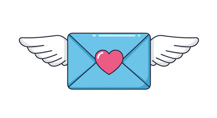 A light blue envelope with white wings and a pink heart is flying.