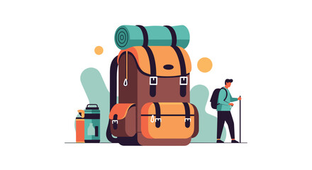 Flat illustration of a hiker with a backpack and gear for outdoor adventures.