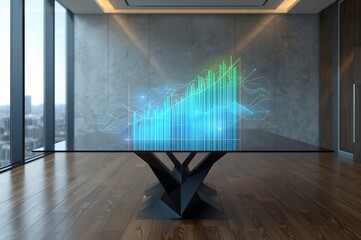 Futuristic holographic data visualization displaying financial growth and global connections in a modern office