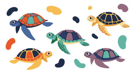 Colorful cartoon sea turtles swimming in a white background with abstract shapes.