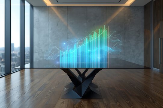 Futuristic holographic data visualization displaying financial growth and global connections in a modern office - Powered by Adobe