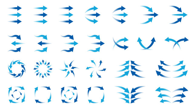 Dynamic arrow shapes with smooth gradients and flowing movement. Each symbol shows direction changes, rotations or circular motion patterns