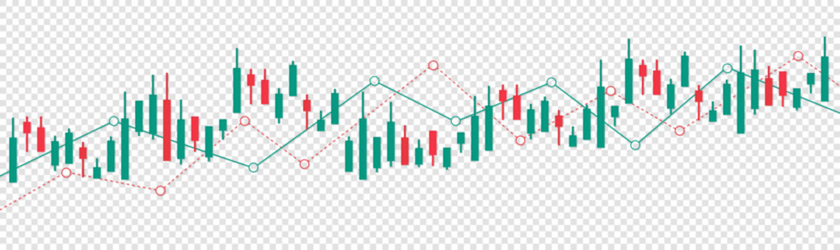Financial candlestick chart showing market movement with rising and falling price patterns. Alternating colors illustrate dynamic trends and trading activity
