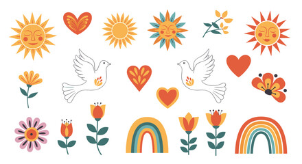 Boho-inspired collection of whimsical suns, doves, hearts, flowers, and rainbows.