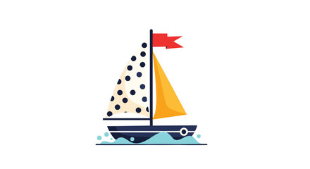 Simple cartoon illustration of a sailboat with polka dot sails and a red flag, floating on blue waves.