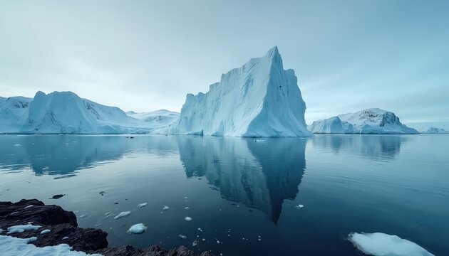Massive icebergs drift in cold arctic ocean waters. Snowy mountains form remote landscape under pale sky. Frozen formations reflect on calm sea surface.