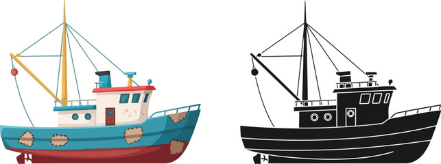 Colorful fishing boat illustration alongside a monochrome version of the same vessel