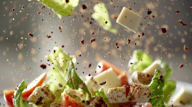 A Caesar salad levitates as romaine lettuce, croutons, parmesan, and dressing burst and swirl in mid-air with clean editorial lighting and smooth cinematic motion.