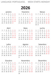 Portuguese calendar set for 2026 year. Simple png illustration for Portugal