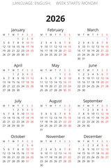 2026 english simple calendar. png year illustration. Week starts monday