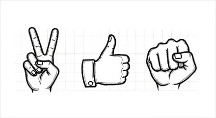 Obraz premium Hand gesture sketches: peace, thumbs up, fist on grid background