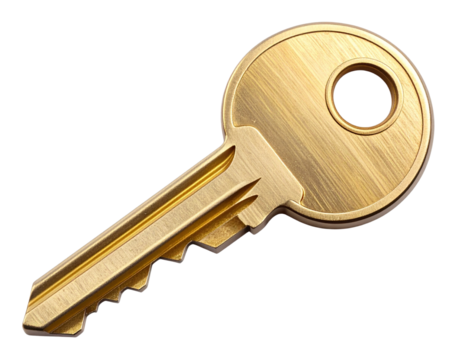 Top-Down View Modern Minimalist Golden Key, Smooth Design, Transparent PNG