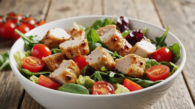 Fresh chicken salad with cherry tomatoes and mixed greens in a white bowl on a rustic wooden table.