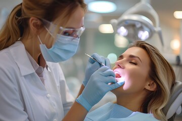 A patient is seated in a modern dental clinic while a dentist examines her teeth. The dentist is using a dental tool, and the patient looks relaxed during the check-up