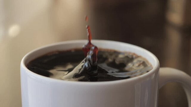 Slow Motion Hand Dropping Sugar Cube Into Black Coffee. Sugar Falling Down Into Coffee Cup. Coffee Caffeine Addiction Junk Food. Concept of Unhealthy Eating, Diabetes, Obesity, Heart Disease.