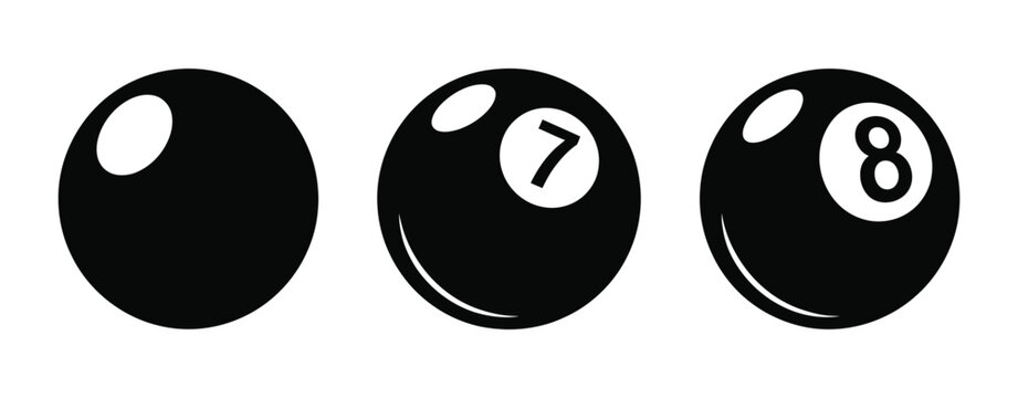 three black billiard balls including one with the number 8 symbol, featuring glossy reflections, smooth surfaces, and realistic lighting effects ideal for game graphics and sports-themed designs.