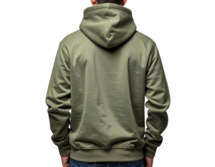 Man Wearing Olive Hoodie, Back View, Isolated on Transparent Background