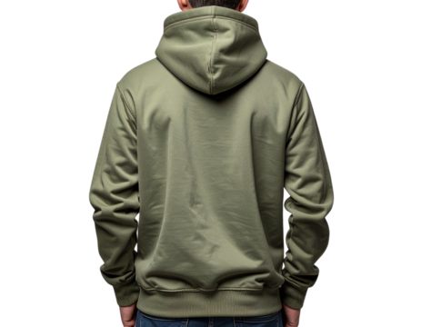 Man Wearing Olive Hoodie, Back View, Isolated on Transparent Background