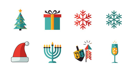 Festive holiday icons set featuring christmas and hanukkah symbols in flat design