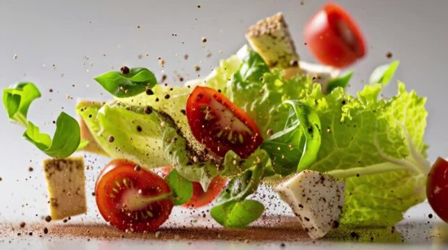 A Caesar salad levitates as romaine lettuce, croutons, parmesan, and dressing burst and swirl in mid-air with clean editorial lighting and smooth cinematic motion.