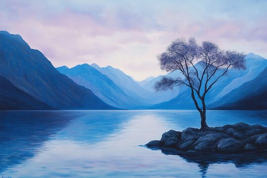 Clear blue lake framed by rugged mountains, a lone tree rising from shallow water, sky painted in soft lavender tones - Powered by Adobe