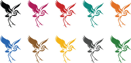 Obraz premium Stylized crane birds in multiple colors wildlife, Multicolor crane illustrations