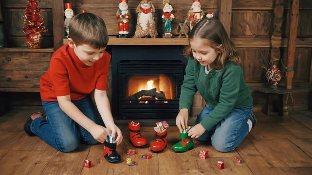 A cozy indoor scene of children eagerly opening their shoes filled with small gifts and candies, with Sinterklaas and Zwarte Piet figures in the background