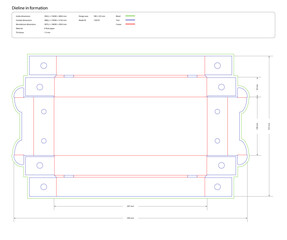 Detailed Packaging Box Die Cut Template with Measurements and Blue Circles layout