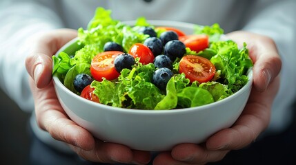 Hands are holding a white bowl filled with a vibrant salad. The salad includes fresh ingredients