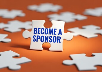 A single puzzle piece with the words become a sponsor in blue text on an orange background