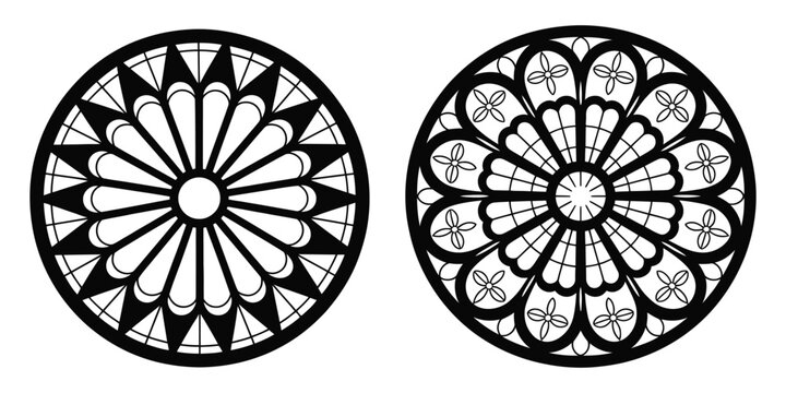 Gothic rose window stained glass circular patterns, detailed vector illustration of intricate medieval design, perfect for church architecture, heritage artwork