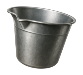 Steel mortar bucket with a wide lip, ideal for easy pouring in masonry tasks.