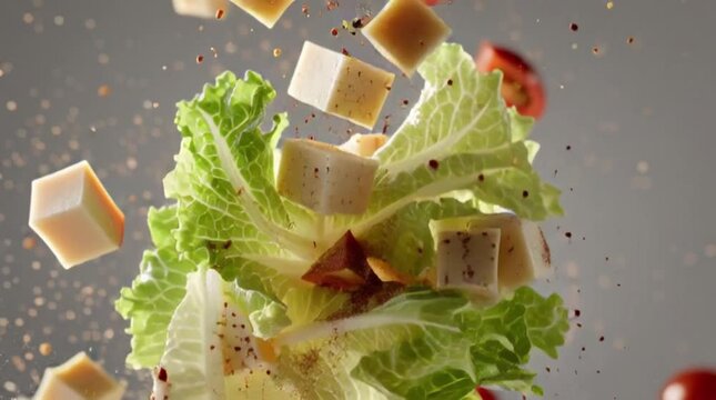 A Caesar salad levitates as romaine lettuce, croutons, parmesan, and dressing burst and swirl in mid-air with clean editorial lighting and smooth cinematic motion.