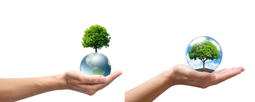 Hand Cradling Globe with Green Tree Inside, Front Perspective, Isolated on Transparent Background