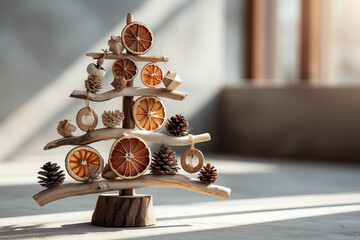 Rustic wooden Christmas tree decorated with dried orange slices and pinecones