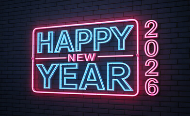 2026 Happy New Year Greeting Card Design with Colorful Glowing Neon Light Number and Typography Lettering on Vintage Brick Wall Background